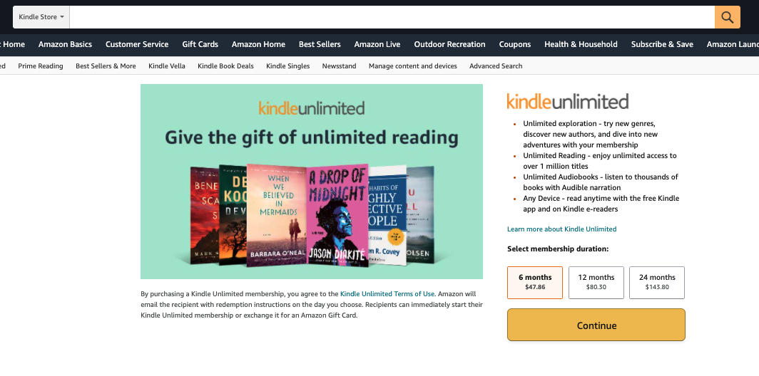 The Kindle Unlimited Gift Subscription comes in three different sizes.